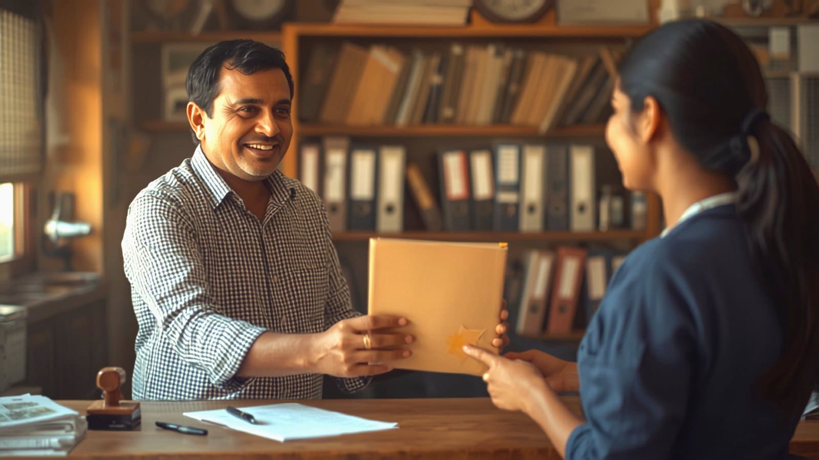 A shop owner smiling as a Chinaki assistant hands him his completed business registration file across the counter.